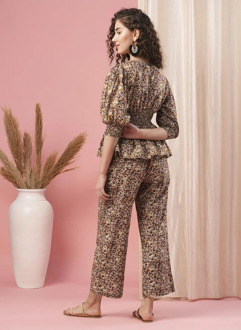 globus Globus Women Maroon Ethnic Motif Printed Puff Sleeve Pure Cotton Top & Trouser